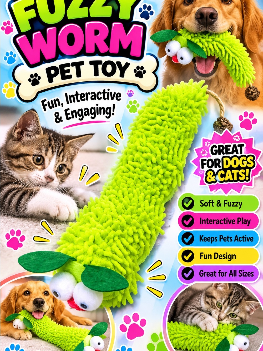 Fuzzy Worm Pet Toy - Bright Green - Unbranded